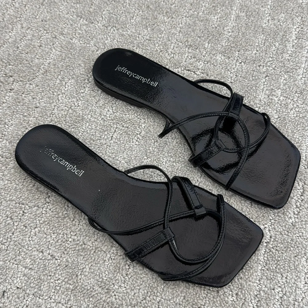 Jeffrey Campbell Addison Sandals Black Patent 100% Leather Square toe slide